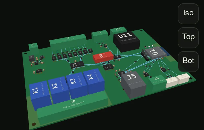The studio's 3D view of the ESP32 I/O board with relays, terminal blocks, the RJ45 jack and ICs.
